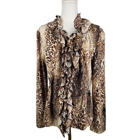 Clara Sunwoo Leopard Ruffle Blouse Long Sleeve Zip Sequin Large Mob Wife - Picture 1 of 8